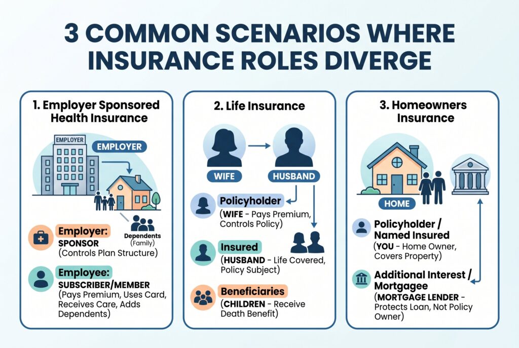 Diagrams showing insurance roles, including employer-sponsored plans, life insurance, and homeowner policies. 