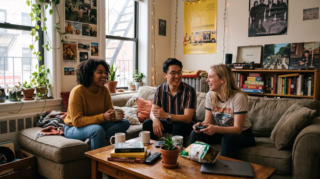 Does Renters Insurance Cover Roommates? The Shared Policy Trap Three friends sitting on a couch in a cozy apartment, smiling and interacting with each other.