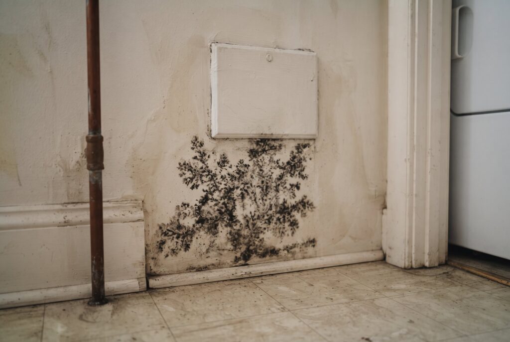 Wall corner with black mold with a copper pipe, baseboard, access panel, and part of a white appliance.