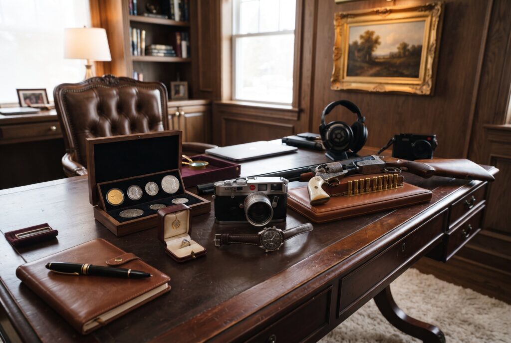 A classic leather desk holds a coin collection, ring box, watch, Leica camera, and a rifle case in a luxurious wood-paneled office.