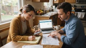 A couple reviews finances at a kitchen table with a laptop, calculator, and paperwork.