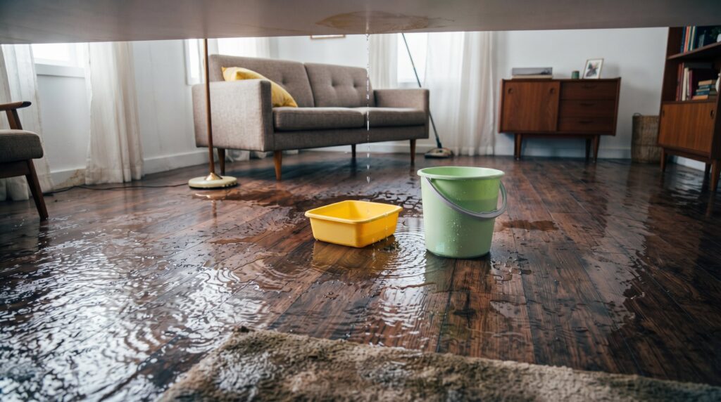 Water leaking from a ceiling onto the floor, collecting in a yellow basin and a green bucket.