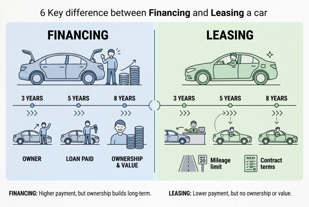 Timeline comparing financing, which leads to ownership, versus leasing, which involves mileage limits and terms.