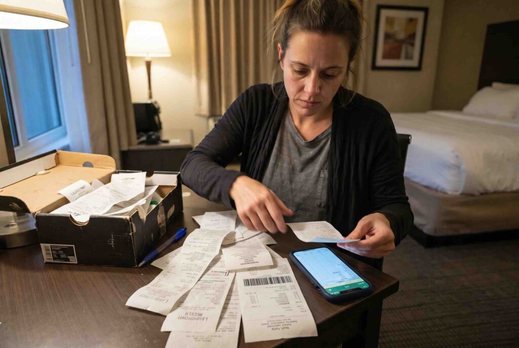 A woman in a hotel room sorts receipts from a shoebox. 