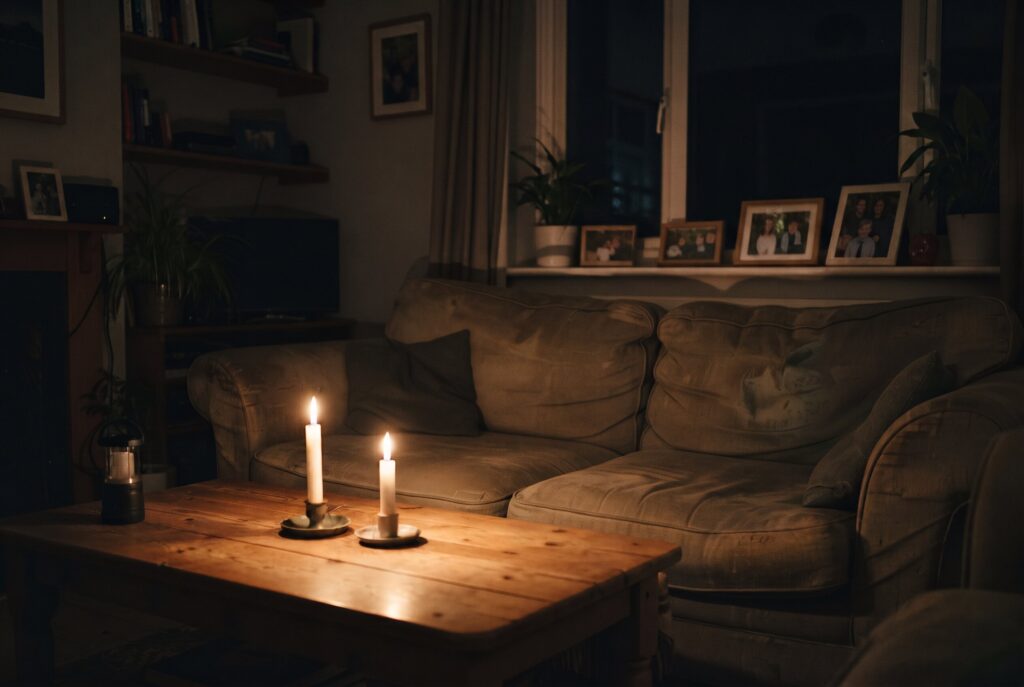 A cozy, dark living room, warmly lit by two candles on a wooden coffee table, with a worn sofa and framed photos in the background. 